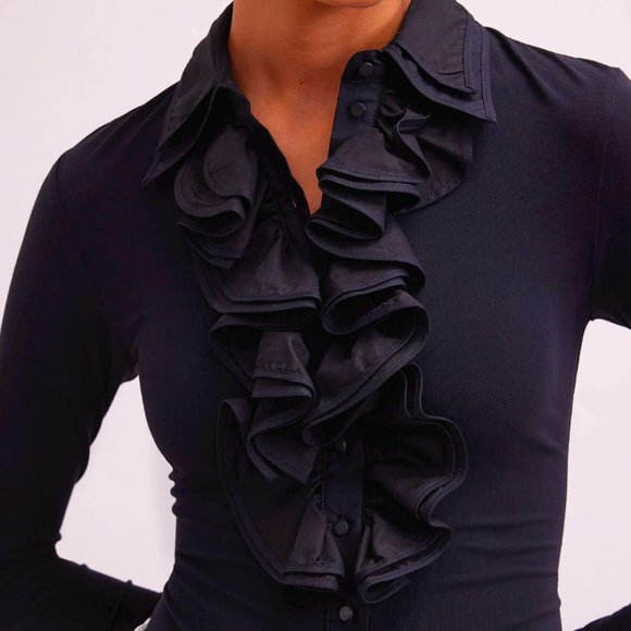 Anne Fontaine Tops - ANNE FONTAINE Patsy Shirt Black Jersey with Bell-Sleeve Ruffle